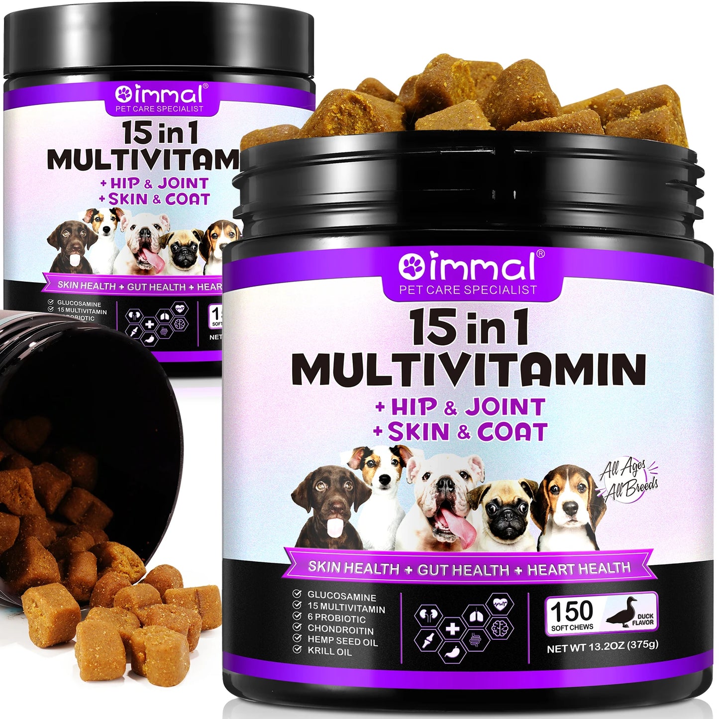 15-in-1 Multivitamin Supplements 150 Chews Hip & Joint Support, Skin  Gut Heart Health with Duck Flavor Suit for All Dogs