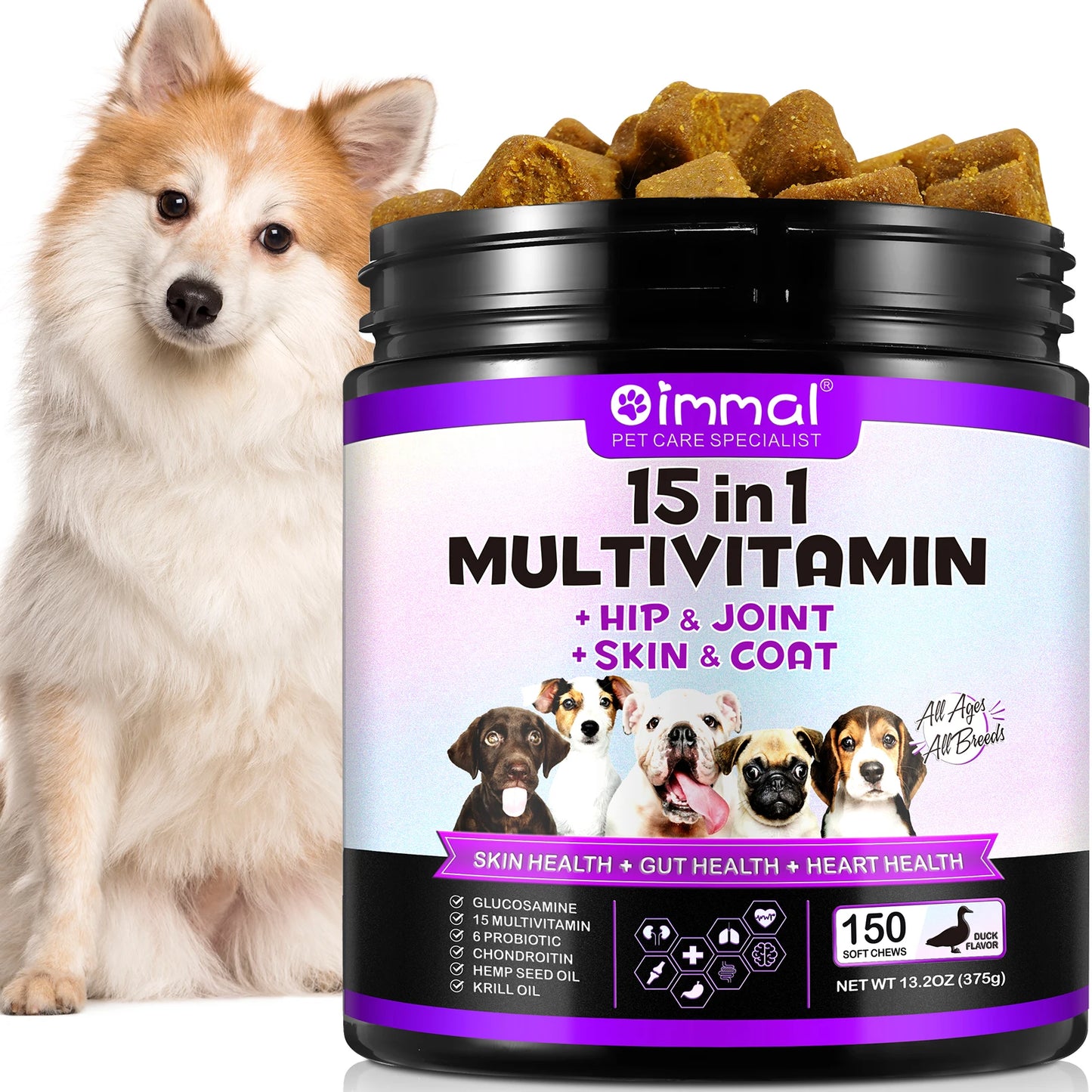 15-in-1 Multivitamin Supplements 150 Chews Hip & Joint Support, Skin  Gut Heart Health with Duck Flavor Suit for All Dogs