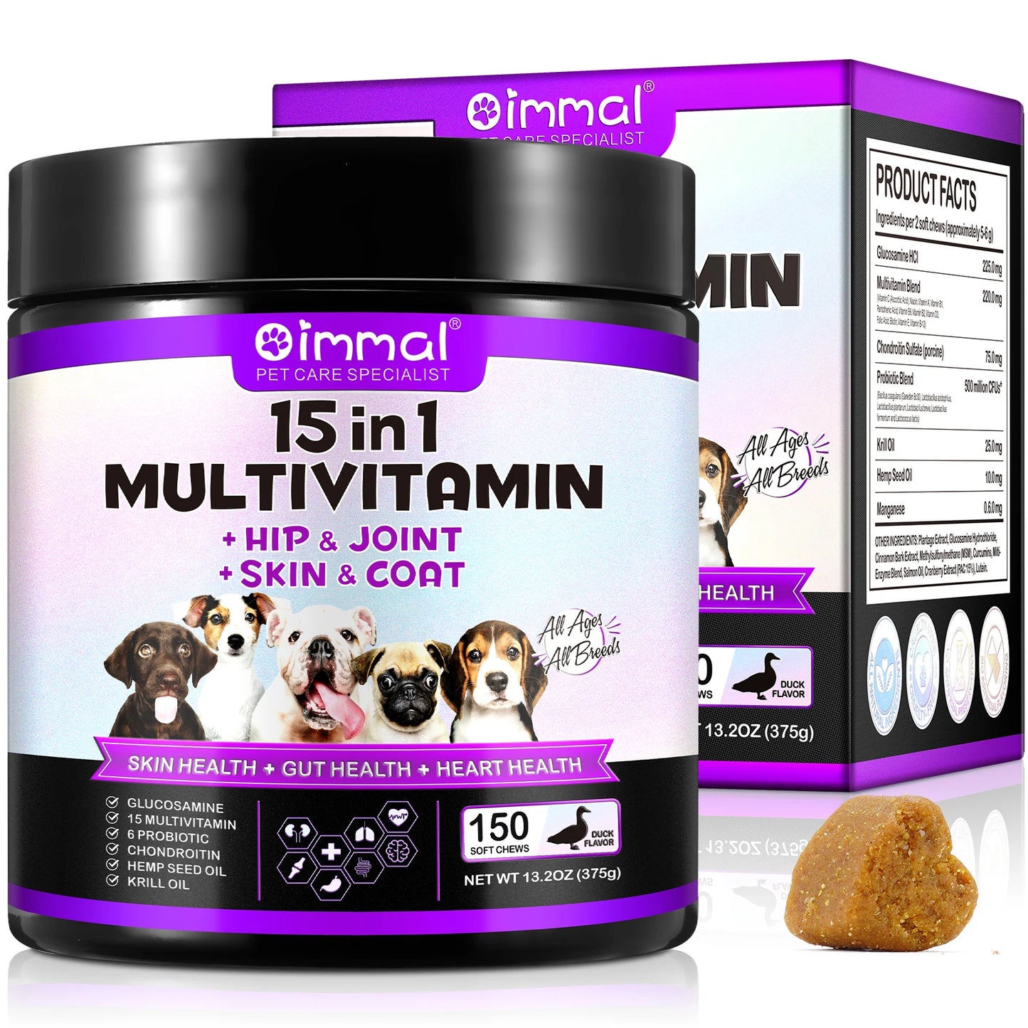 15-in-1 Multivitamin Supplements 150 Chews Hip & Joint Support, Skin  Gut Heart Health with Duck Flavor Suit for All Dogs