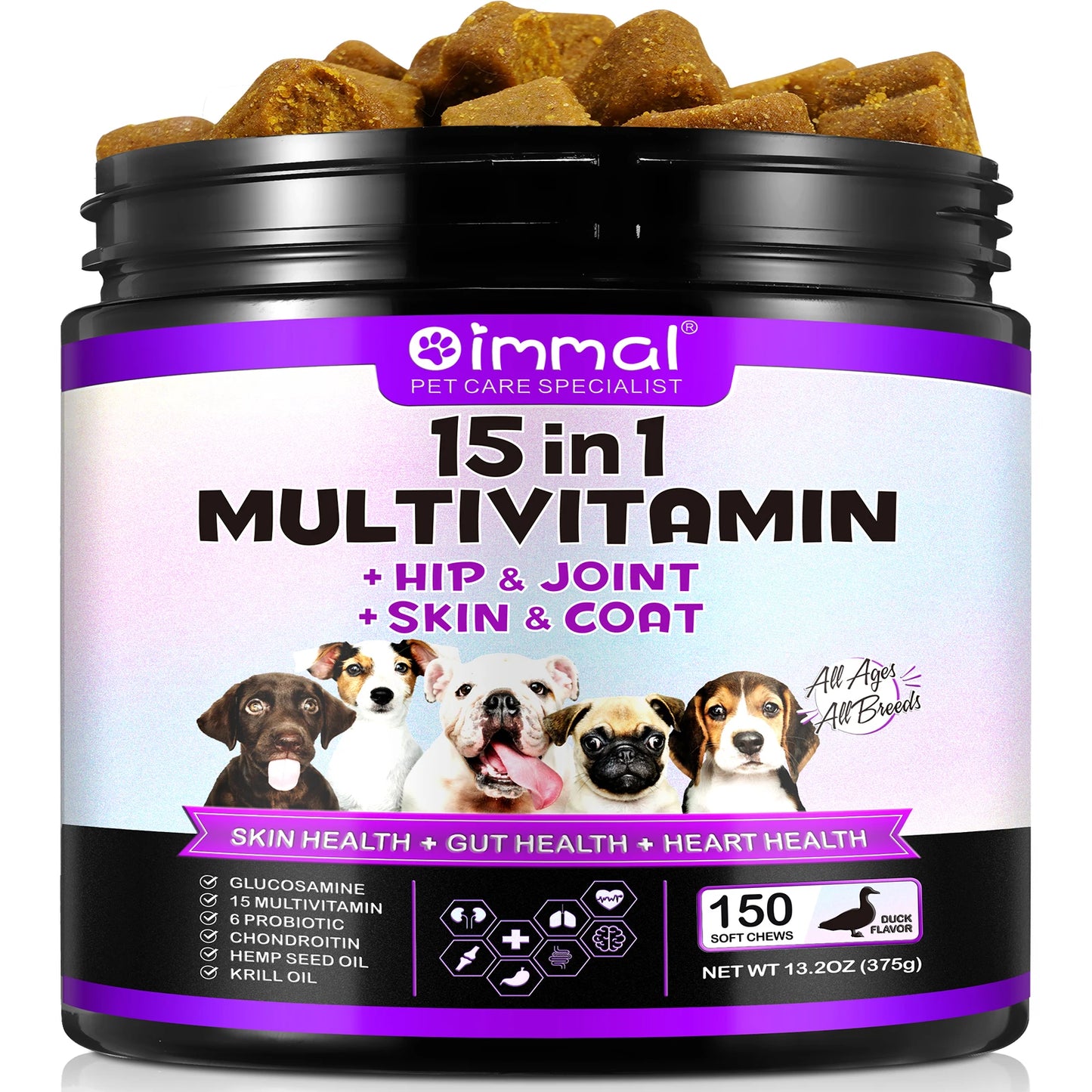 15-in-1 Multivitamin Supplements 150 Chews Hip & Joint Support, Skin  Gut Heart Health with Duck Flavor Suit for All Dogs