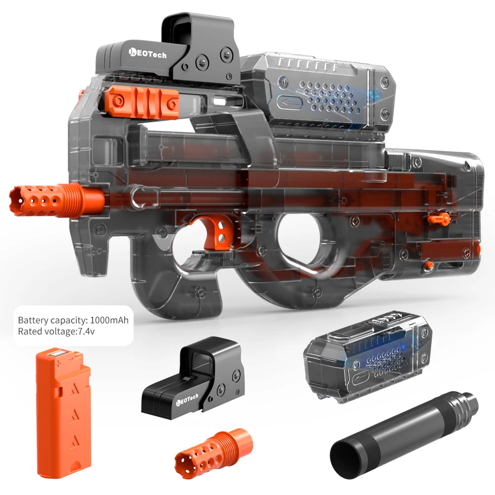 P90 New Color! Electric Gel Gun Explosive Gun - Transparent Black, Fully Automatic Splash Ball Toy Gun