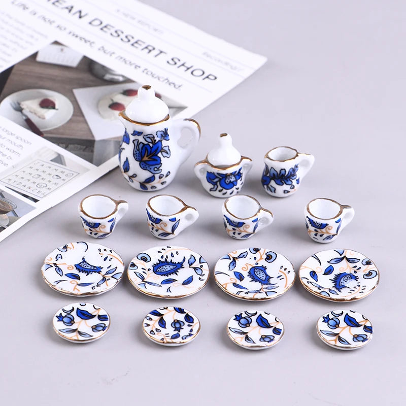 Miniature Tea Cup Set Miniature Te Game Doll House Blue And White Mini Tea Set Chintz Tableware Kitchen Dollhouse Furniture