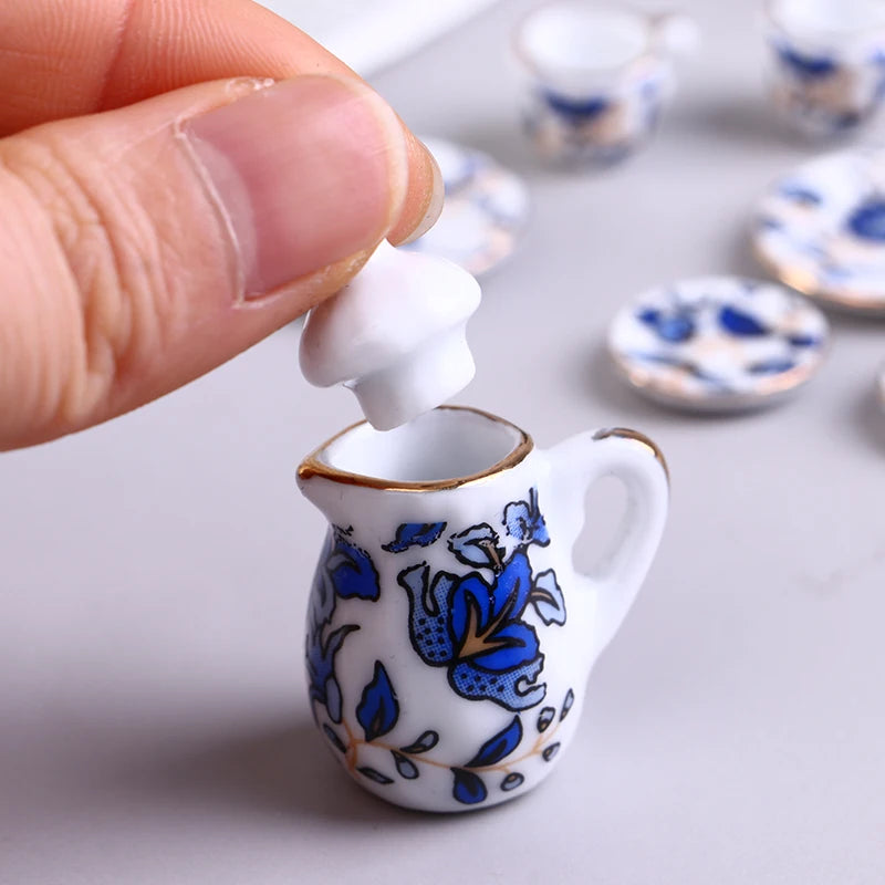 Miniature Tea Cup Set Miniature Te Game Doll House Blue And White Mini Tea Set Chintz Tableware Kitchen Dollhouse Furniture