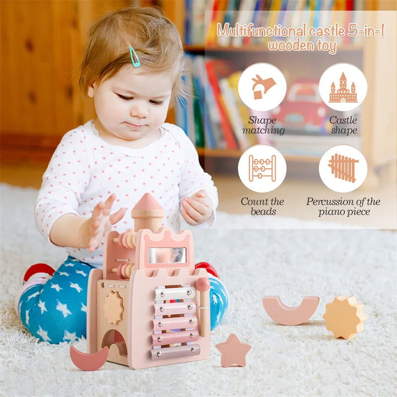 Montessori Toys Baby Wooden Castle Pink House Blocks Toys Puzzle Game Early Education Accessories Multifunctional Toy Baby Gifts