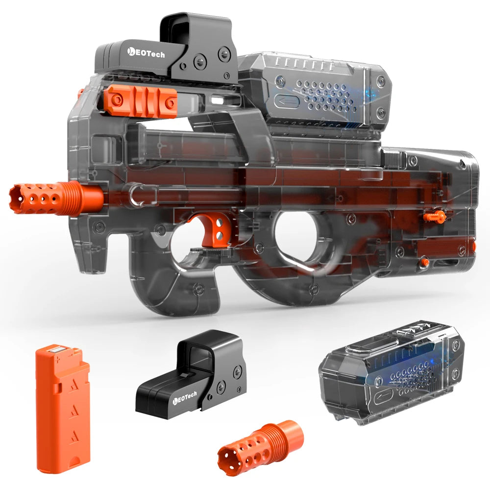 P90 New Color! Electric Gel Gun Explosive Gun - Transparent Black, Fully Automatic Splash Ball Toy Gun