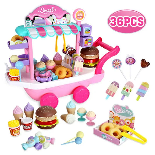 Children's Simulated Ice Cream Candy Trolley Cart Toys with Wheel Portable Educational House Game Kids Toys