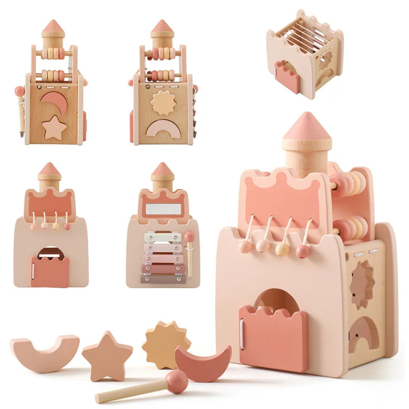 Montessori Toys Baby Wooden Castle Pink House Blocks Toys Puzzle Game Early Education Accessories Multifunctional Toy Baby Gifts