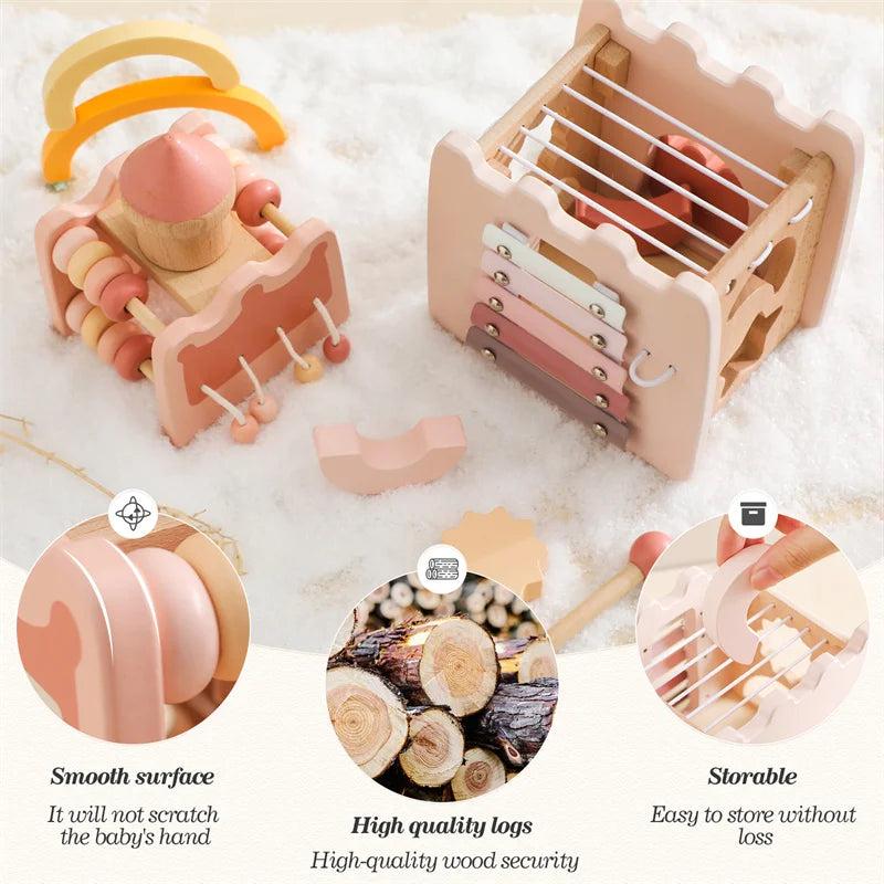 Montessori Toys Baby Wooden Castle Pink House Blocks Toys Puzzle Game Early Education Accessories Multifunctional Toy Baby Gifts