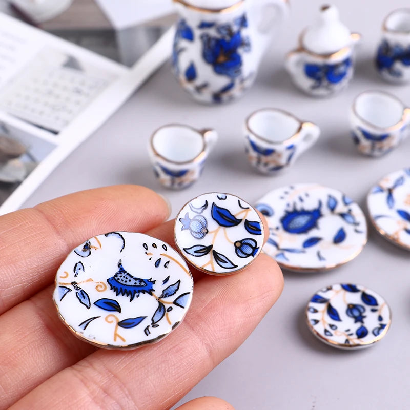 Miniature Tea Cup Set Miniature Te Game Doll House Blue And White Mini Tea Set Chintz Tableware Kitchen Dollhouse Furniture