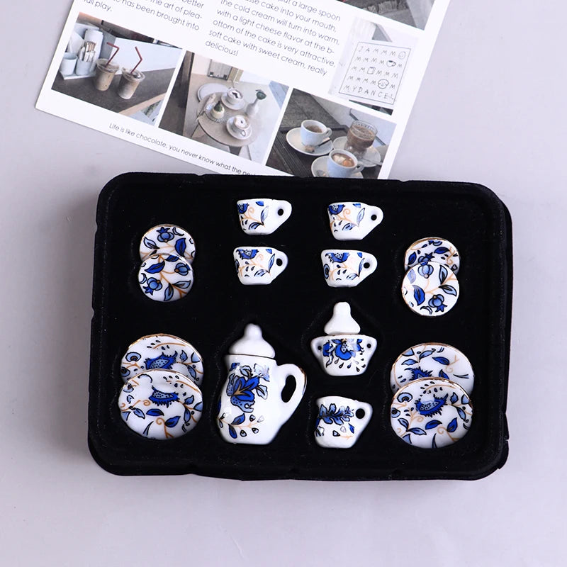 Miniature Tea Cup Set Miniature Te Game Doll House Blue And White Mini Tea Set Chintz Tableware Kitchen Dollhouse Furniture