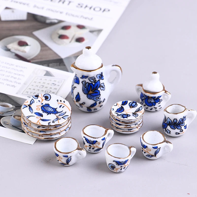 Miniature Tea Cup Set Miniature Te Game Doll House Blue And White Mini Tea Set Chintz Tableware Kitchen Dollhouse Furniture