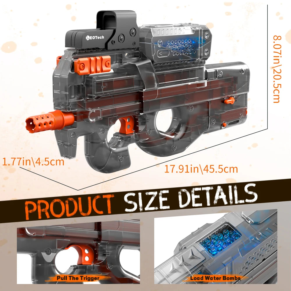 P90 New Color! Electric Gel Gun Explosive Gun - Transparent Black, Fully Automatic Splash Ball Toy Gun